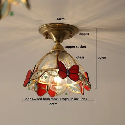 Modern butterfly glass tiffany ceiling light with red stained-glass butterflies and copper leaf motifs for bedroom decorbites butterfly glass