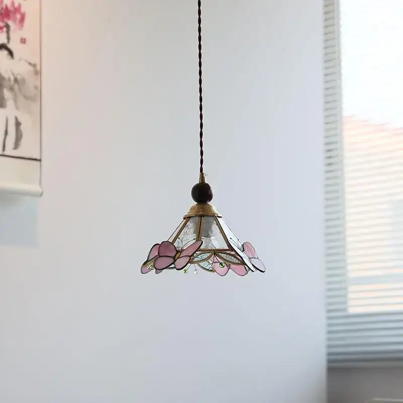 Modern butterfly pink led pendant lamp featuring delicate stained glass with butterfly motifs and brass finish decorbites butterfly pink