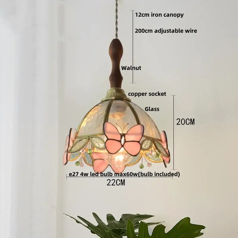 Modern butterfly pink led pendant lamp with stained glass butterfly design, walnut iron canopy, and copper socket decorbites butterfly pink