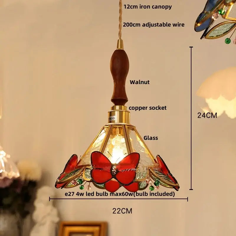 Modern butterfly pink led pendant lamp with stained glass shade, walnut handle, copper socket, and red butterfly decorbites butterfly pink design
