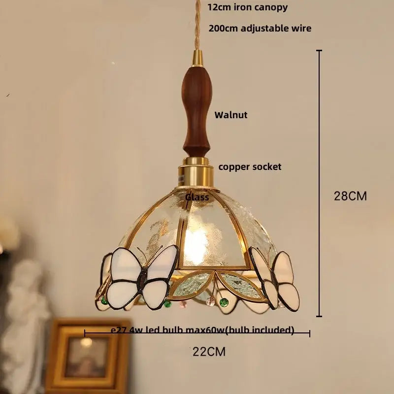 Modern butterfly pink led pendant lamp with stained glass amber glow and white butterfly motifs for decorbites decor