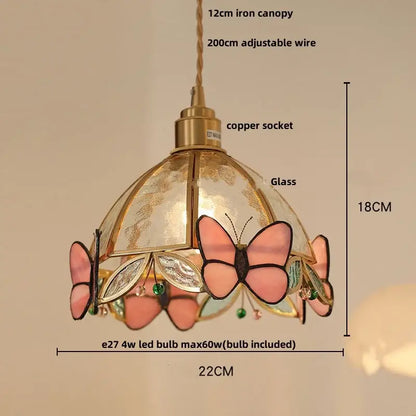 Modern butterfly pink led pendant lamp with delicate pink and gold stained glass and green butterfly pink decorbites accents