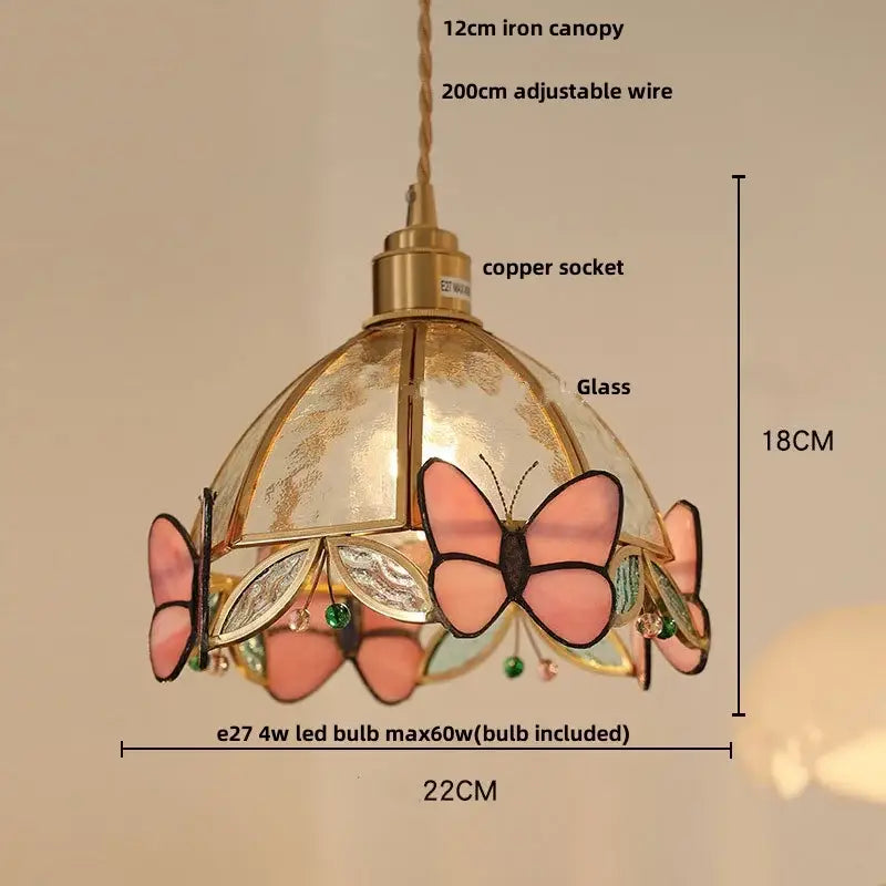 Modern butterfly pink led pendant lamp with delicate pink and gold stained glass and green butterfly pink decorbites accents