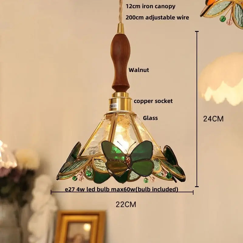 Modern butterfly pink led pendant lamp with walnut iron canopy copper socket and stained glass green butterfly decorbites butterfly pink