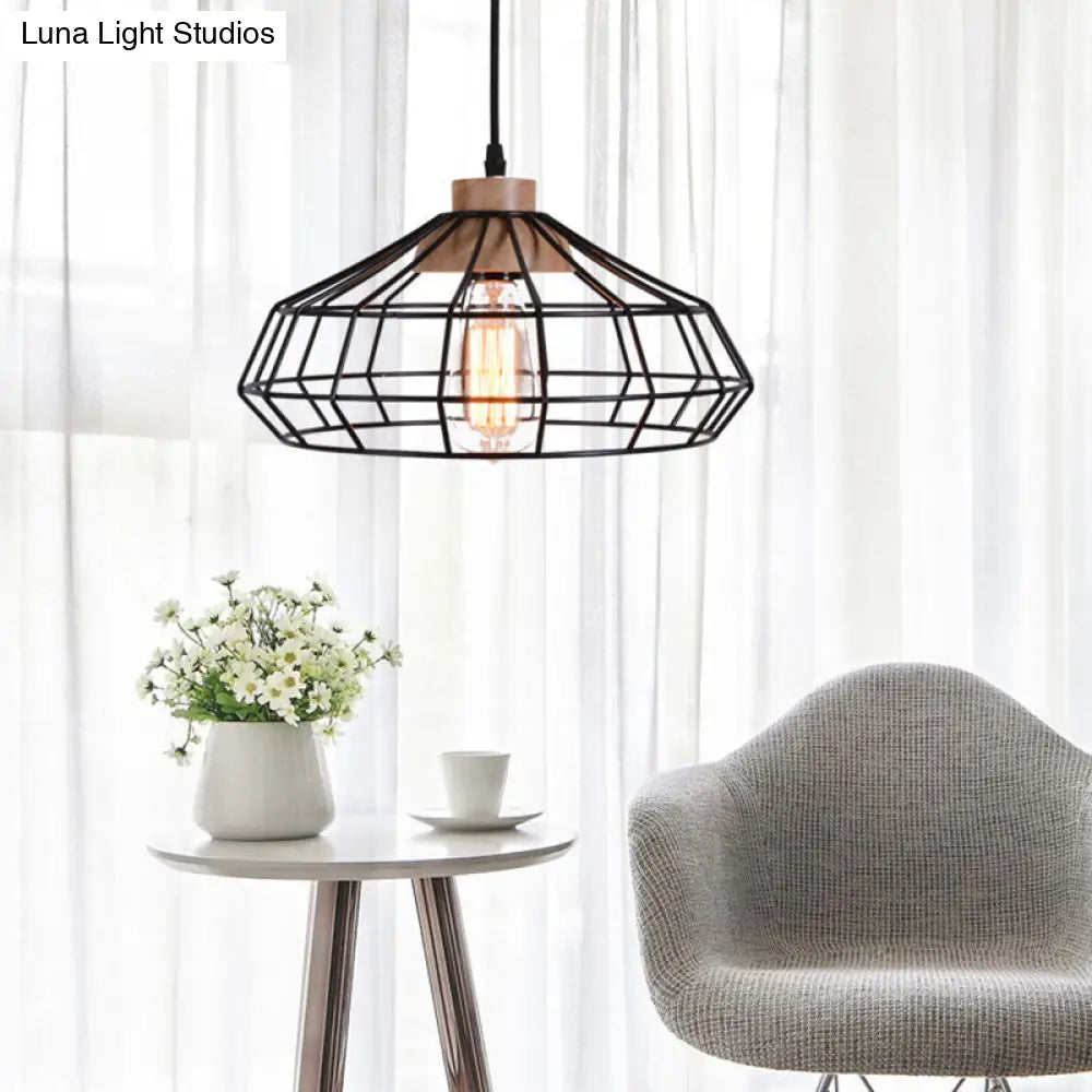 Modern Caged Pendant Light with Wooden Cap - Black - Ideal for Dining Room