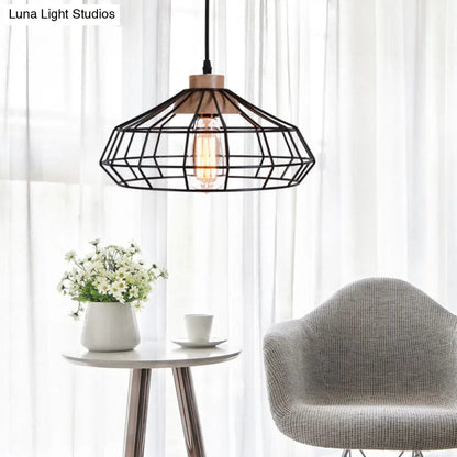 Modern Caged Pendant Light with Wooden Cap - Black - Ideal for Dining Room