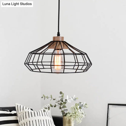 Modern Caged Pendant Light with Wooden Cap - Black - Ideal for Dining Room