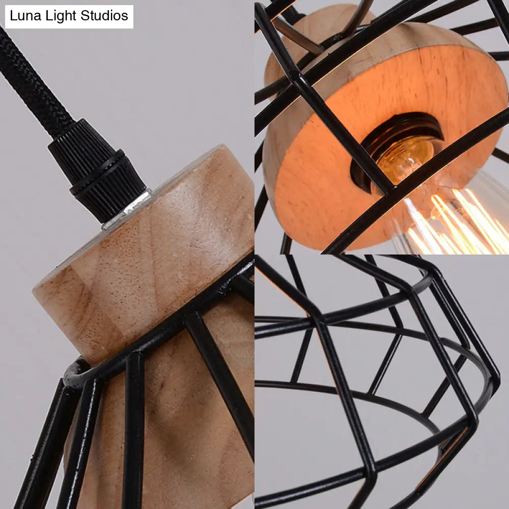 Modern Caged Pendant Light with Wooden Cap - Black - Ideal for Dining Room