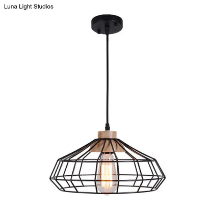 Modern Caged Pendant Light with Wooden Cap - Black - Ideal for Dining Room