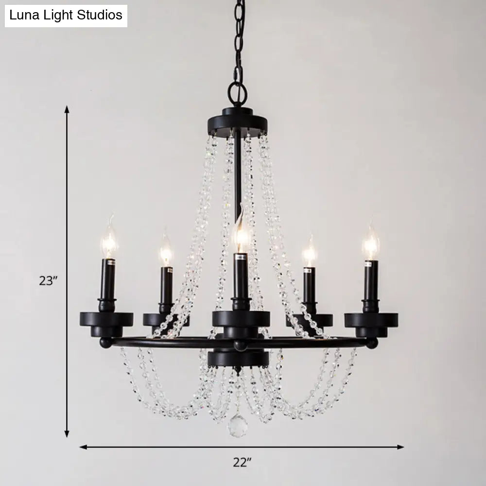 Lámpara de araña moderna con candelabros - Lámpara colgante de metal con guirnalda de cuentas de cristal (5/6 luces) en negro