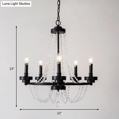 Lámpara de araña moderna con candelabros - Lámpara colgante de metal con guirnalda de cuentas de cristal (5/6 luces) en negro