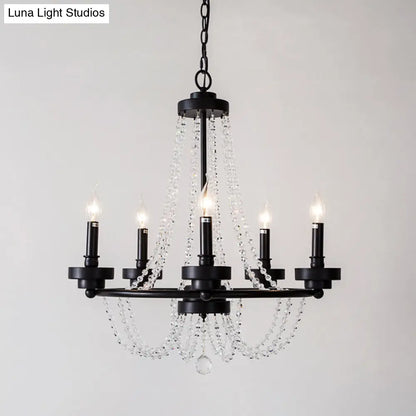 Lámpara de araña moderna con candelabros - Lámpara colgante de metal con guirnalda de cuentas de cristal (5/6 luces) en negro