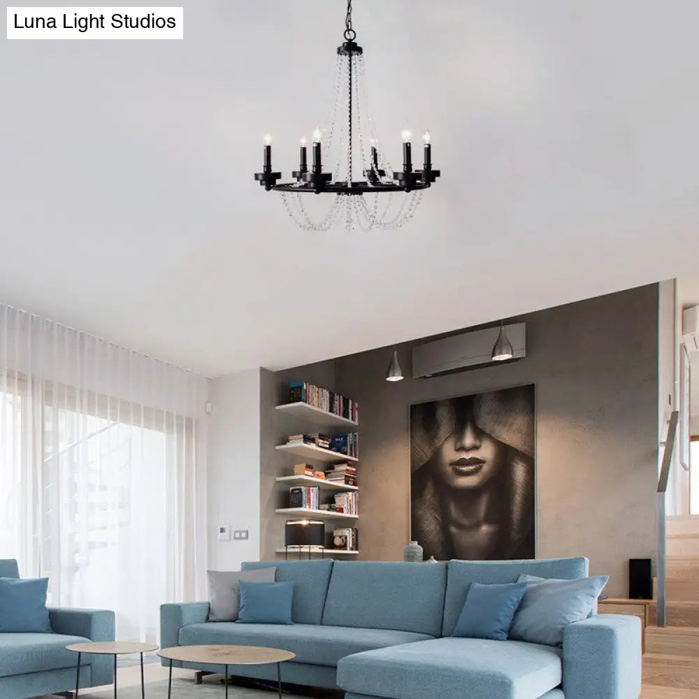 Lámpara de araña moderna con candelabros - Lámpara colgante de metal con guirnalda de cuentas de cristal (5/6 luces) en negro