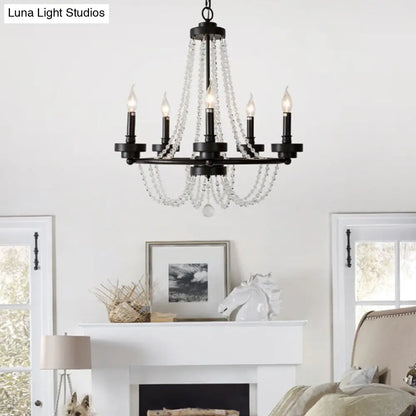 Lámpara de araña moderna con candelabros - Lámpara colgante de metal con guirnalda de cuentas de cristal (5/6 luces) en negro