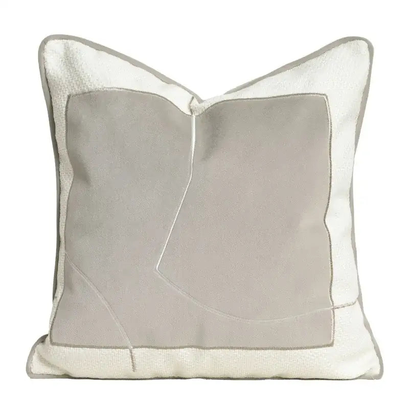 Modern square pillow with cappuccino tone geometry embroidery in light gray and off-white for decorbites living room decor