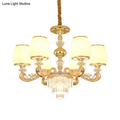 Lámpara de techo moderna con brazos tallados para dormitorio: cristal opalino, 6 bombillas, lámpara colgante de cristal dorado