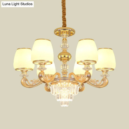 Lámpara de techo moderna con brazos tallados para dormitorio: cristal opalino, 6 bombillas, lámpara colgante de cristal dorado