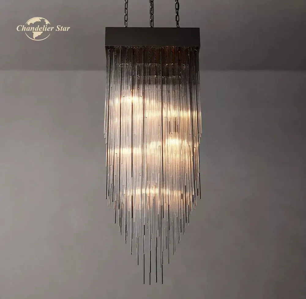 Modern cascada led glass chandelier with dark metal frame and cascading clear glass tubes for dining room decorbites cascada led