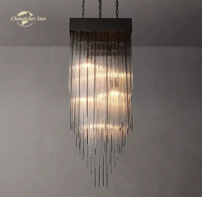 Modern cascada led glass chandelier with dark metal frame and cascading clear glass tubes for dining room decorbites cascada led
