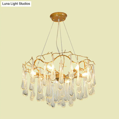 Lámpara de araña moderna Cascade de cristal transparente con burbujas, 6 luces y suspensión de brazo de hierro