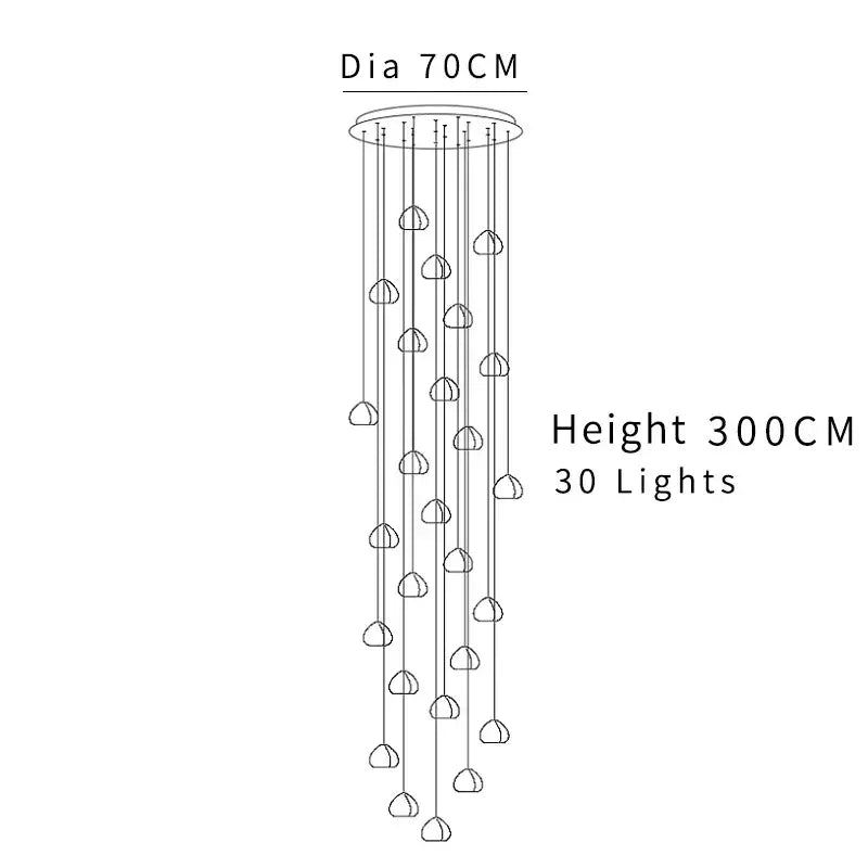 A modern minimalist decorbites crystal ball chandelier with 30 cascading lights from a circular ceiling mount