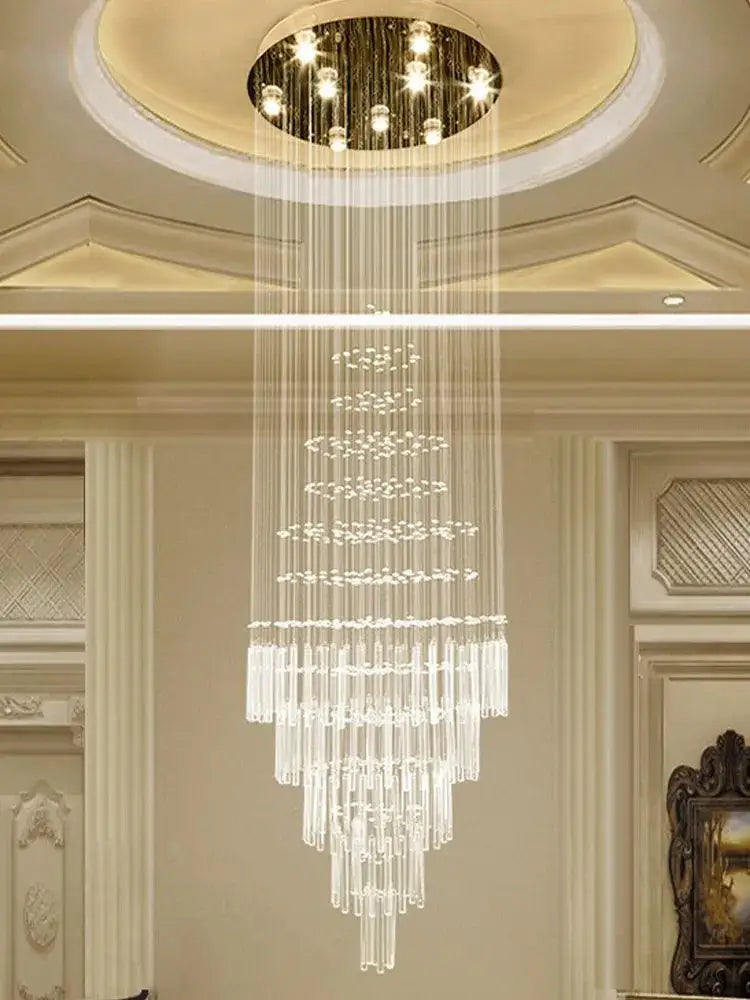 Modern cascading Decorbites crystal chandelier with clear glass rods and embedded lights for living room decor