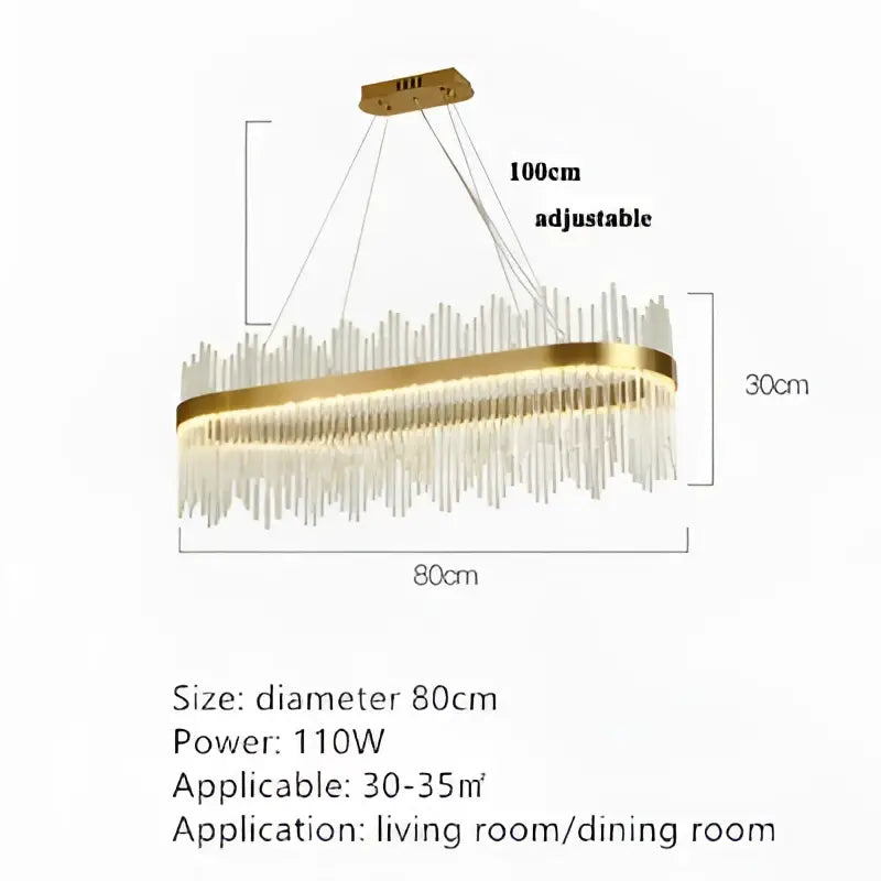 Modern cascading gold crystal pendant chandelier with elongated oval frame and clear crystal rods for dining room decorbites crystal pendant
