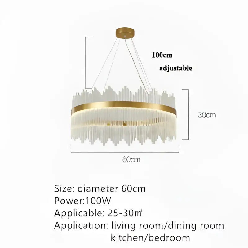 Modern gold-toned crystal pendant chandelier with cascading strands and circular accent ring for dining room decorbites decor