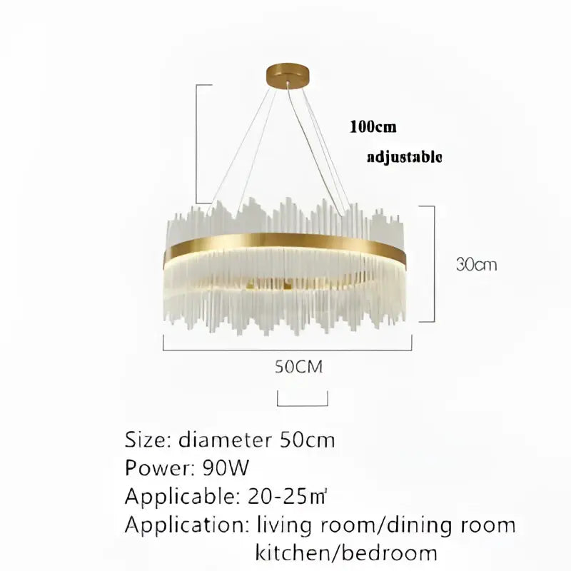 Modern gold-toned crystal pendant chandelier with cascading strands and circular band for dining room decorbites crystal pendant