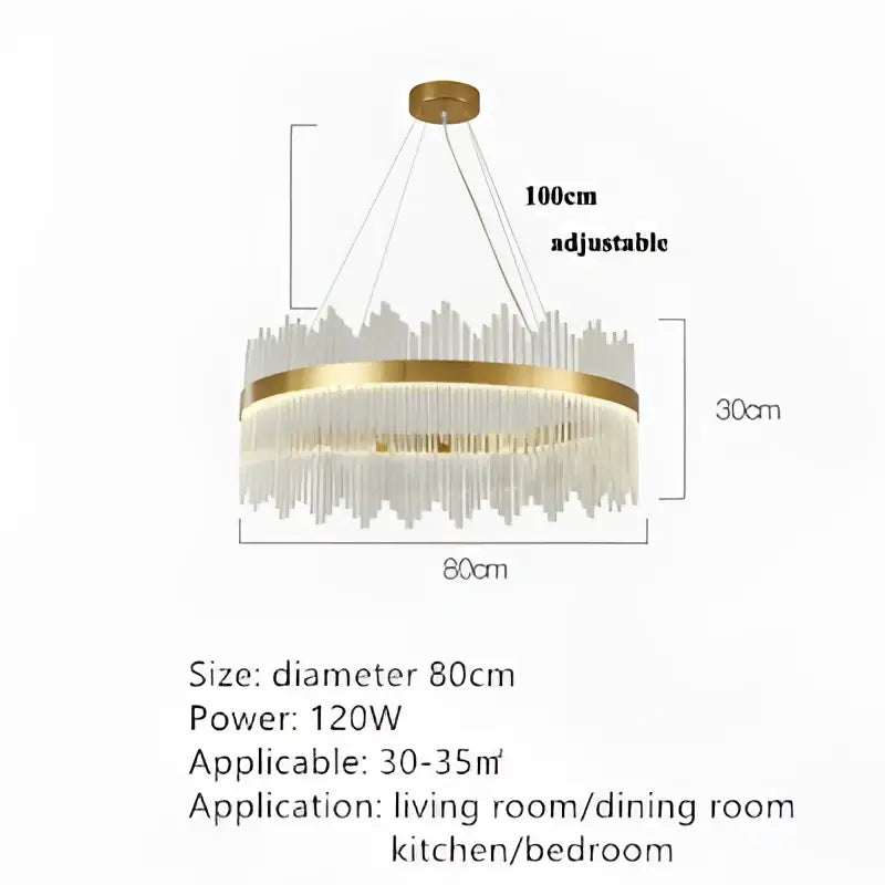 Gold-toned modern crystal pendant chandelier with cascading clear prisms and brass ring for dining room decorbites decor