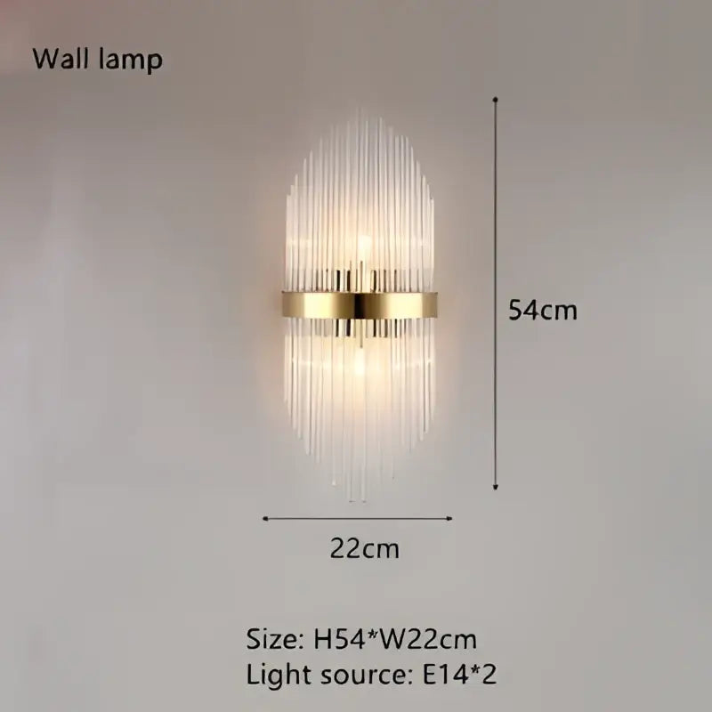 Gold-toned modern wall lamp with vertical crystal prisms and two e14 bulbs for decorbites crystal pendant chandelier decor