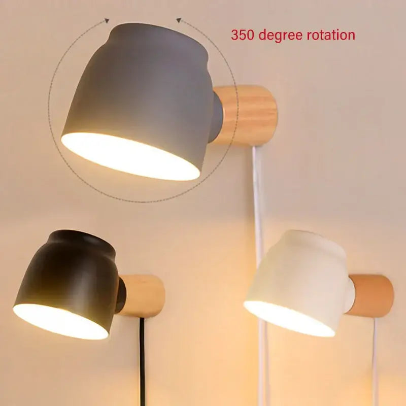 Modern ceramic and wood led wall lamp with matte gray shade and 350-degree rotation as bedroom reading light source