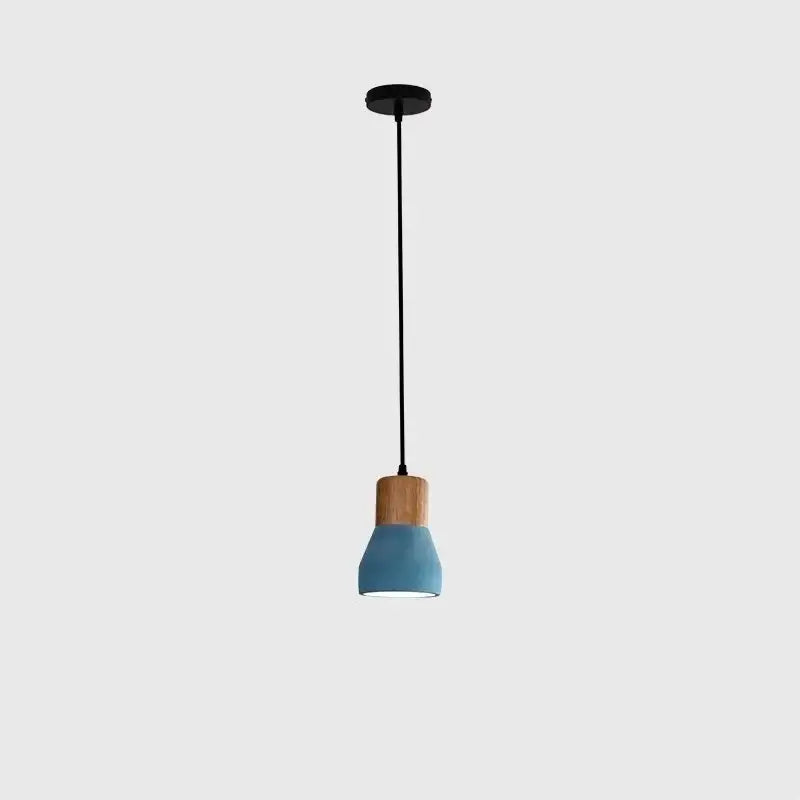 Modern pendant lamp with matte blue ceramic shade and natural wood collar for living room industrial decorbites cement led
