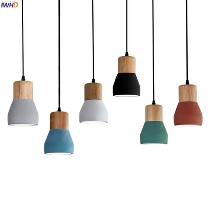 Set of modern ceramic and wood pendant lamps with assorted matte ceramic shades for living room decorbites cement led style