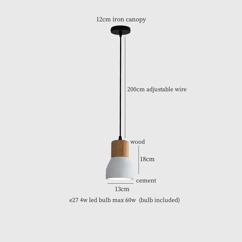 Minimalist pendant lamp with matte white cement led shade, natural wood collar, and black iron canopy for modern decorbites decor