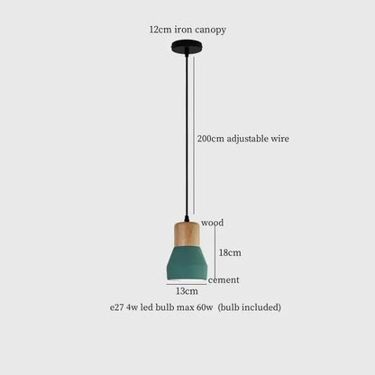 Teal cement led pendant lamp with natural wood top and black iron canopy for modern living room decorbites pendant lamp
