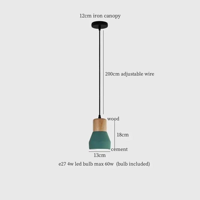 Teal cement led pendant lamp with natural wood top and black iron canopy for modern living room decorbites pendant lamp