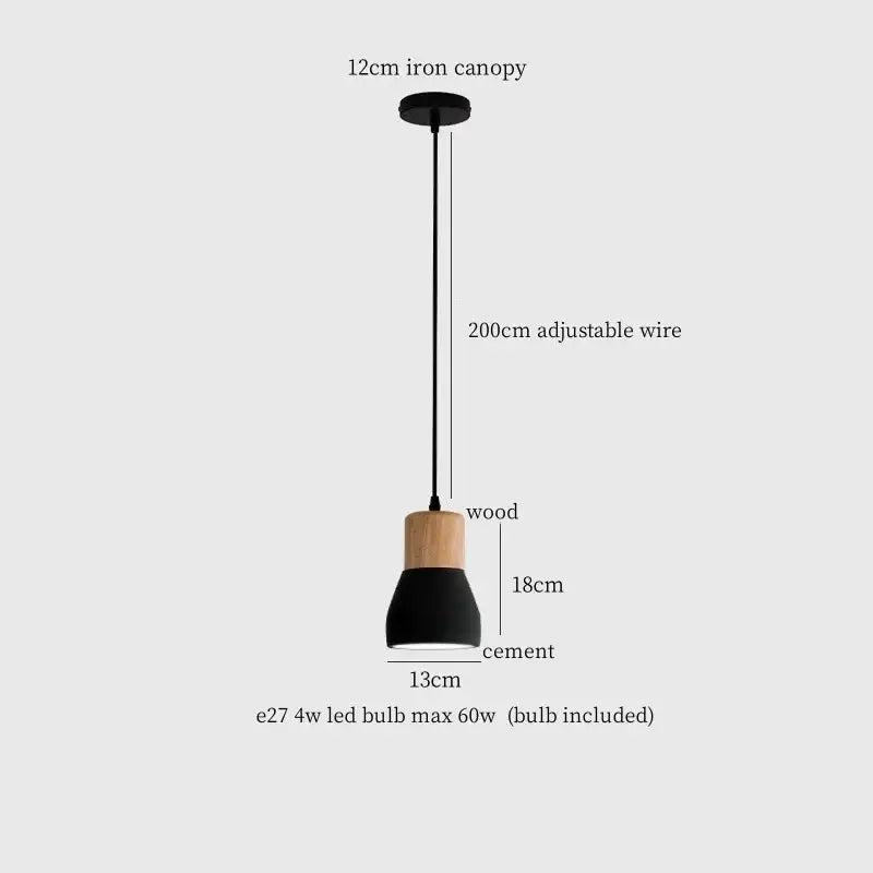Black cement led pendant lamp with natural wood collar and 200cm adjustable wire for modern living room decorbites pendant lamp