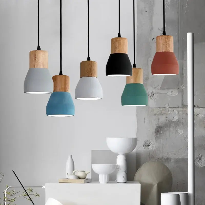 Modern ceramic and wood pendant lamp with gray blue black teal and terracotta shades for living room decorbites cement led design