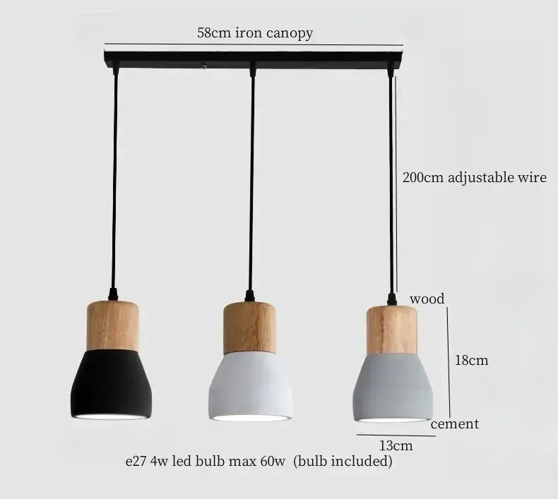 Set of three modern pendant lamps with black white and gray decorbites cement led shades and natural wood caps