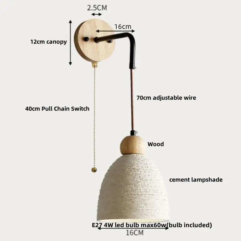 Modern ceramic bell wall lamp with off-white cement led shade, natural wood canopy, and black metal arm decorbites cement led