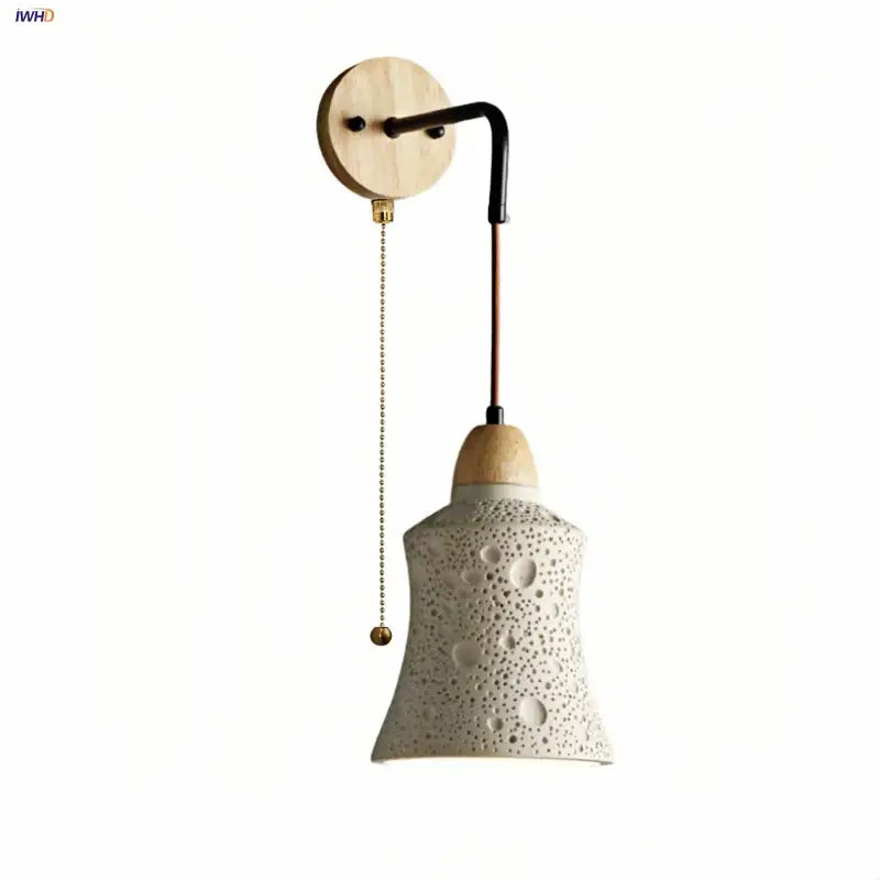Modern ceramic bell wall lamp in white textured ceramic with wooden base and black metal arm for bedroom decorbites cement led