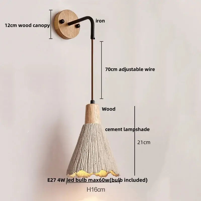Modern ceramic bell wall lamp with natural wood stem, black iron arm, and textured cement led shade for bedroom decorbites wall lamp