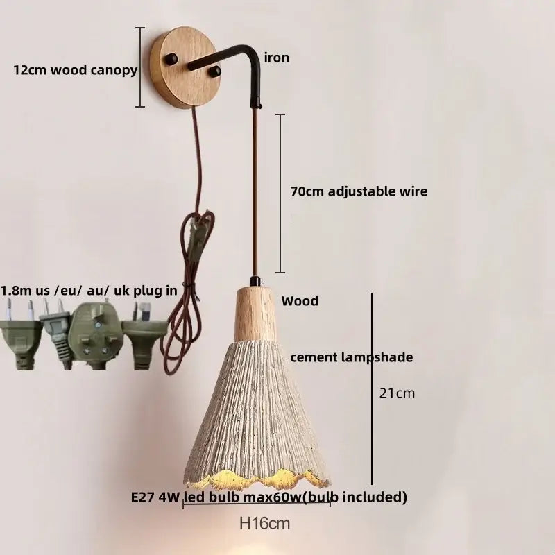 Modern ceramic bell wall lamp with pull chain switch featuring a rustic wooden canopy iron arm and decorbites cement led shade