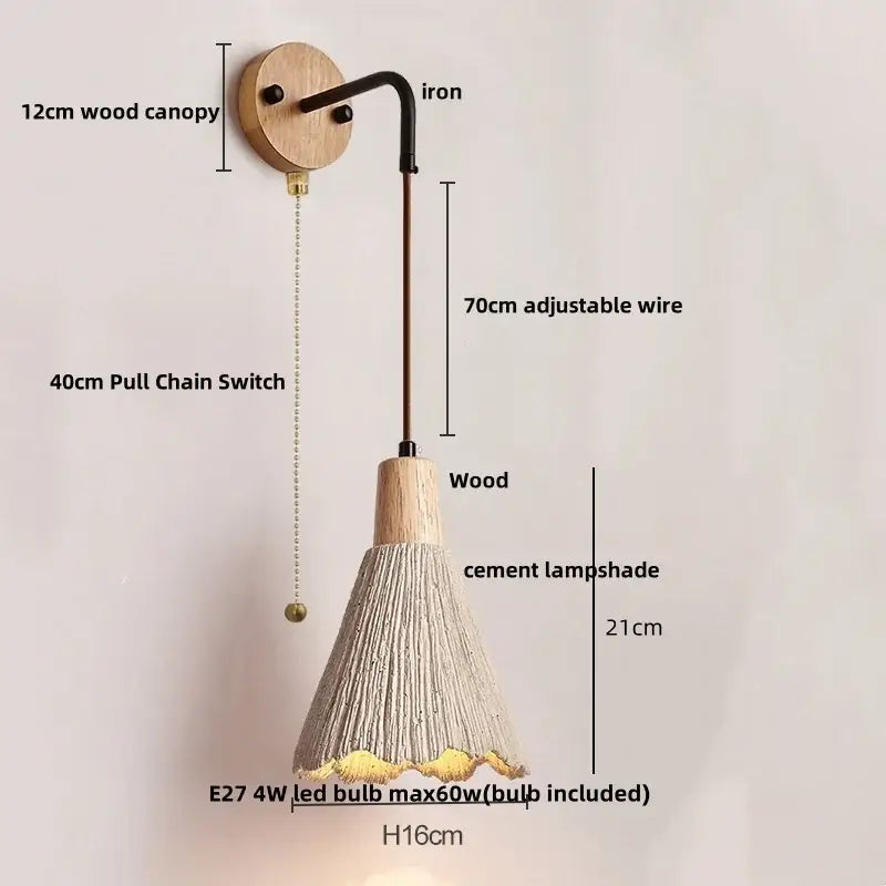 Modern ceramic bell wall lamp with pull chain featuring a natural wood-finished cement led shade and black iron arm wall lamp decorbites cement led