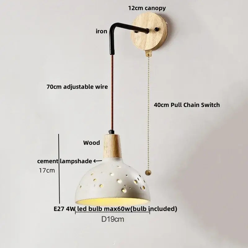 Modern ceramic bell wall lamp with white ceramic shade, wooden collar, and adjustable wire for bedroom decorbites cement led use