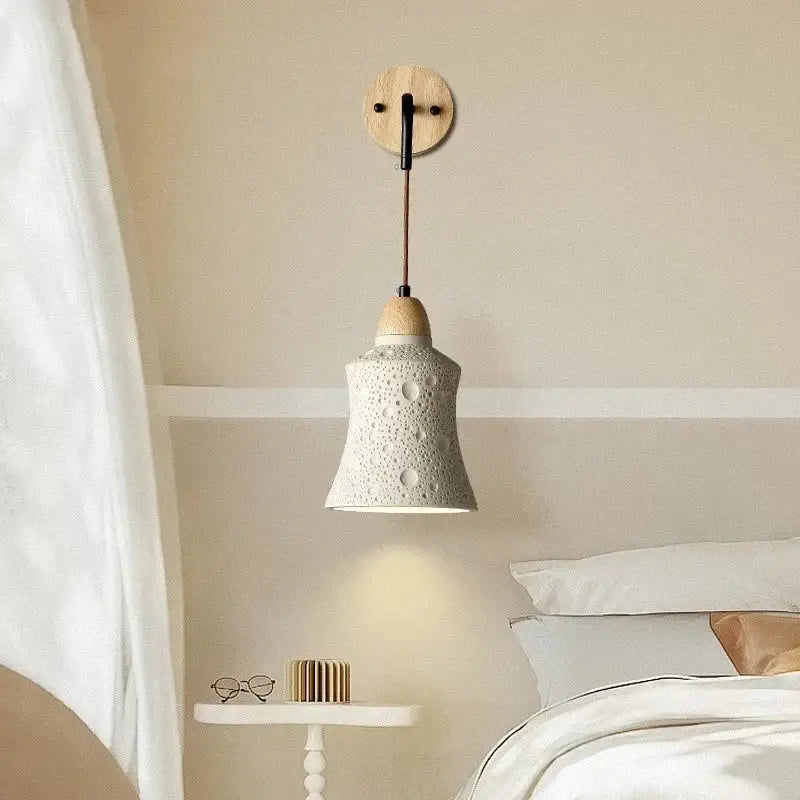 Modern ceramic bell wall lamp with pull chain switch white textured pendant and wooden mount for decorbites cement led wall decor