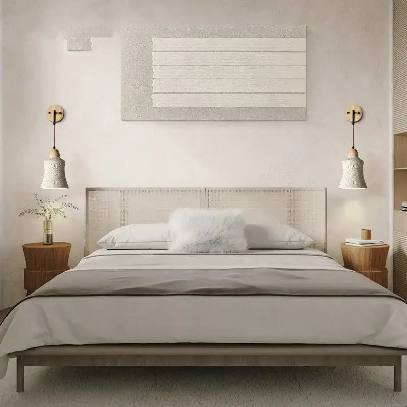 Modern ceramic bell wall lamp with pull chain switch beside minimalist wooden bedside tables in natural finish decorbites cement led wall