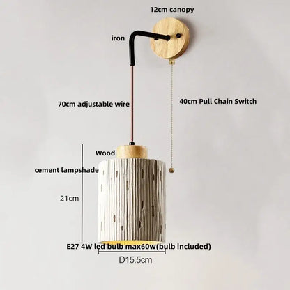 Modern ceramic bell wall lamp with vertical wood grain cement led shade in natural beige on adjustable iron arm decorbites cement led wall lamp