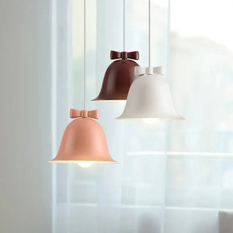 Three hanging pastel pink white and brown ceramic bowknot bell led lighting fixture for dining room decorbites bowknot bell